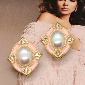 Vintage Signed Estate European Palace Court Pearl Enamel Gold Earrings